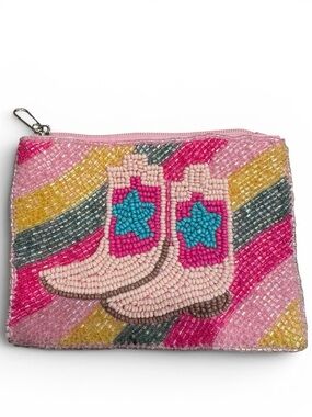 Pink Cowboy Boot Beaded Coin Purse Zip Pouch